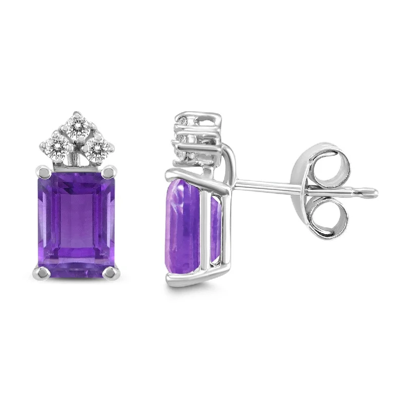 modern tiered topaz earrings-Marquee 14K White Gold 6x4MM Emerald Shaped Amethyst and Diamond Earrings