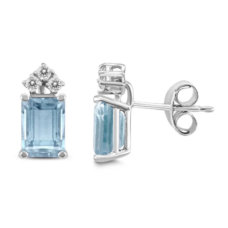 bold sapphire peak ridge earrings-Marquee 14K White Gold 6x4MM Emerald Shaped Aquamarine and Diamond Earrings