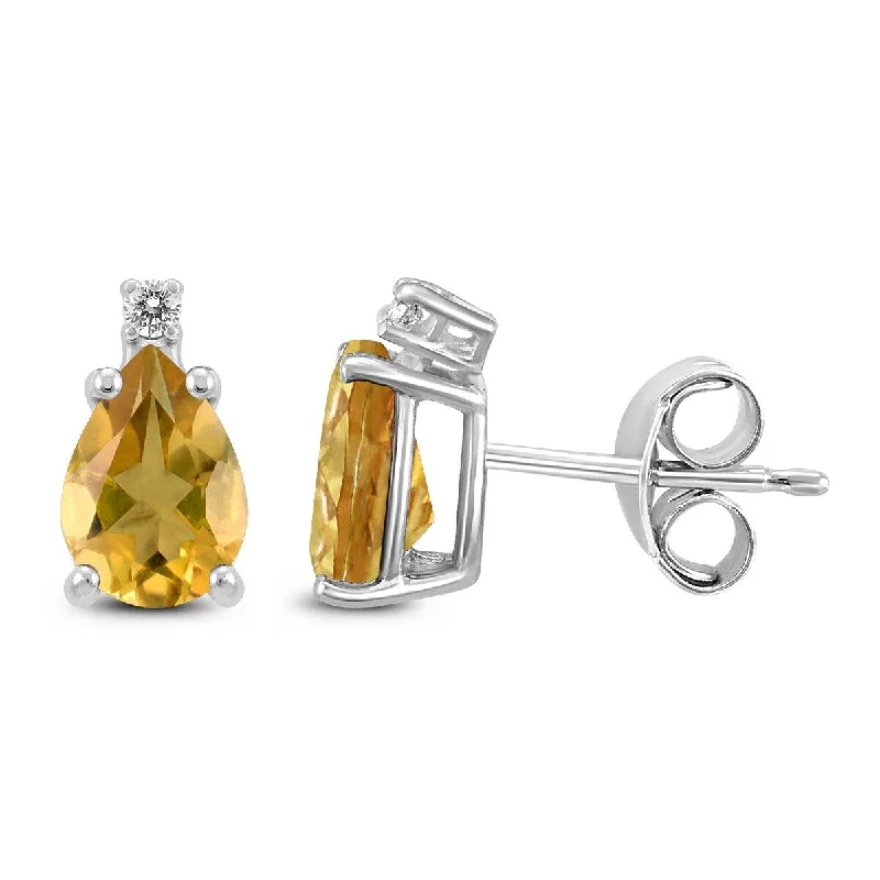 vintage-style aventurine earrings-Marquee 14K White Gold 6x4MM Pear Citrine and Diamond Earrings