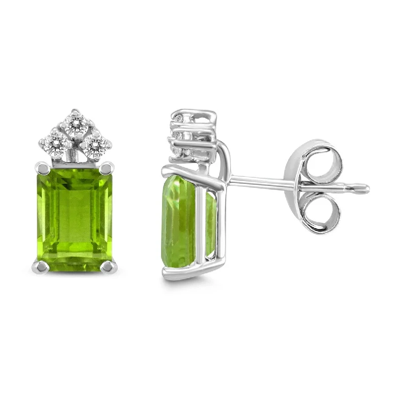 nature-themed summit ridge earrings-Marquee 14K White Gold 7x5MM Emerald Shaped Peridot and Diamond Earrings