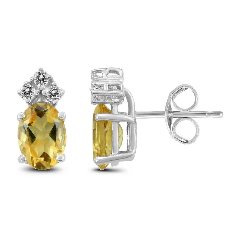 art deco agate earrings-Marquee 14K White Gold 7x5MM Oval Citrine and Diamond Earrings