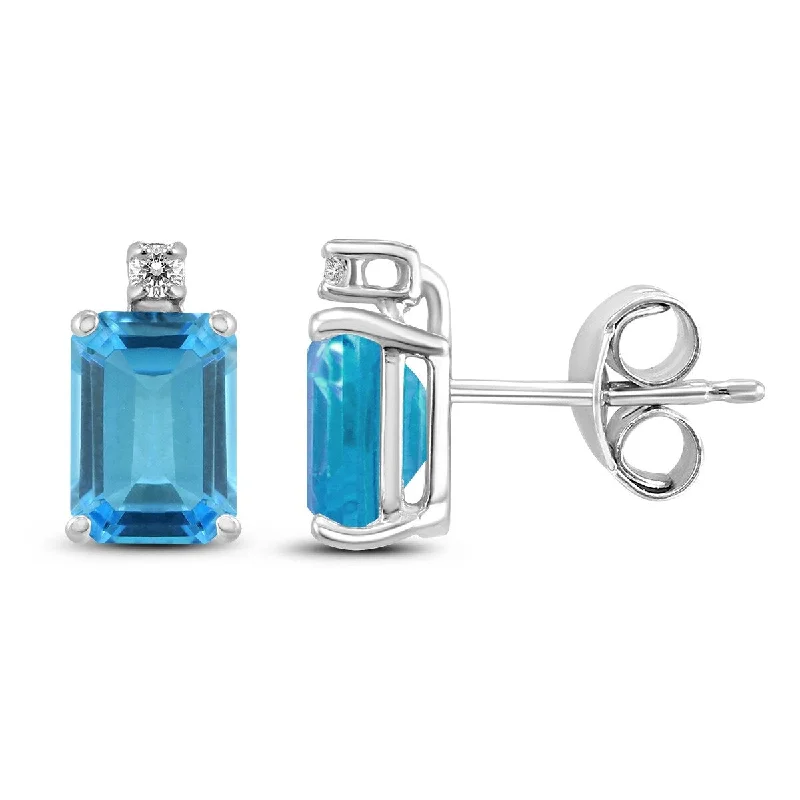 art deco turquoise earrings-Marquee 14K White Gold 8x6MM Emerald Shaped Blue Topaz and Diamond Earrings