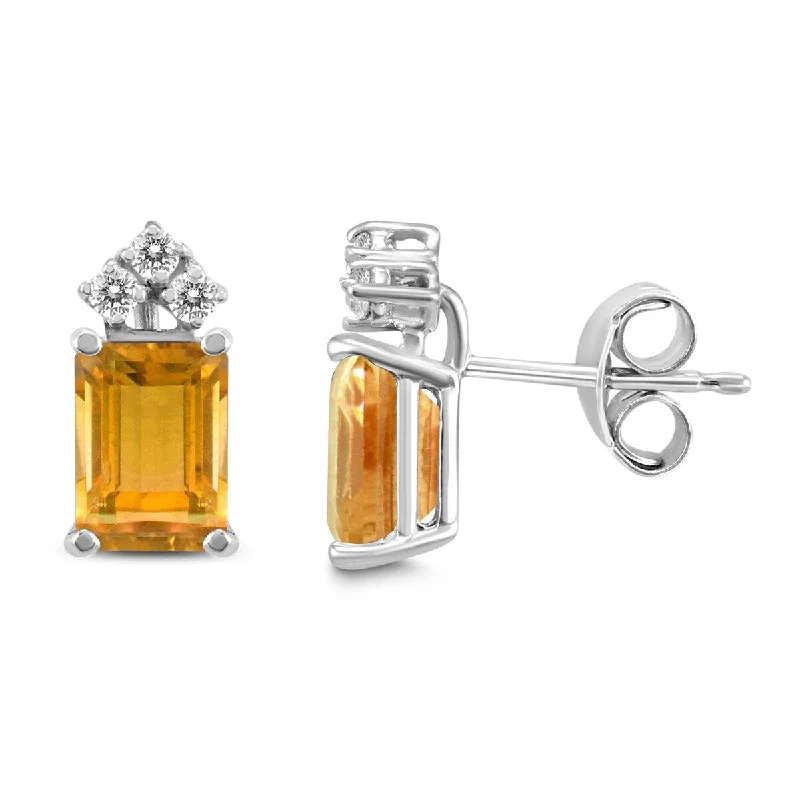 bold sunstone cluster earrings-Marquee 14K White Gold 8x6MM Emerald Shaped Citrine and Diamond Earrings