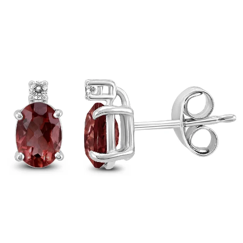 artisan-crafted silver earrings-Marquee 14K White Gold 8x6MM Oval Garnet and Diamond Earrings