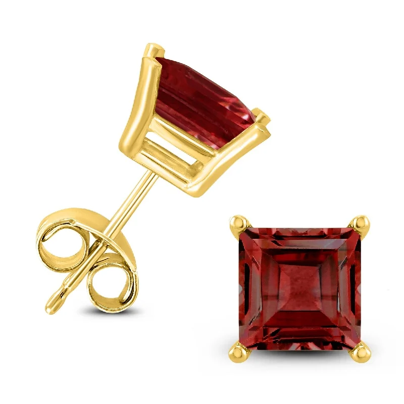 art deco carnelian earrings-Marquee 14K Yellow Gold 5MM Square Garnet Earrings