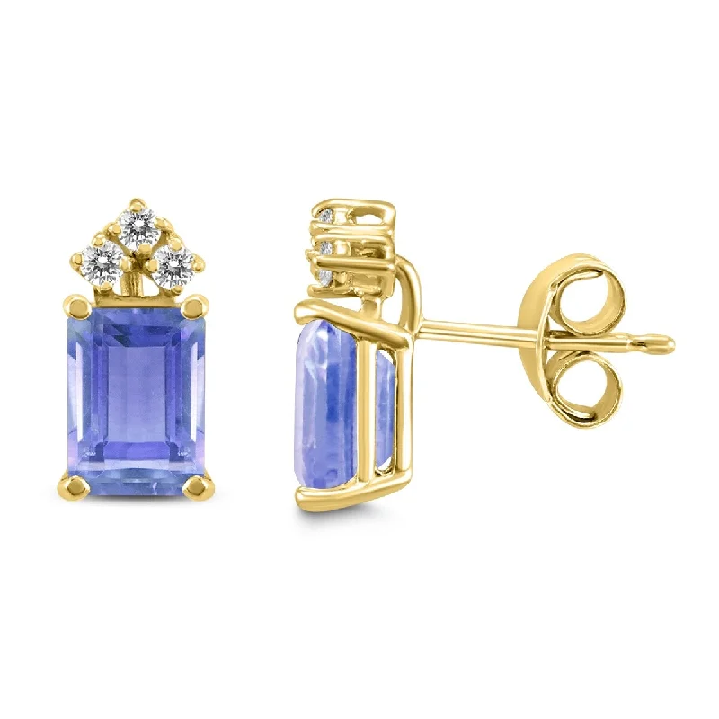 inscribed lineage stud earrings-Marquee 14K Yellow Gold 5x3MM Emerald Shaped Tanzanite and Diamond Earrings