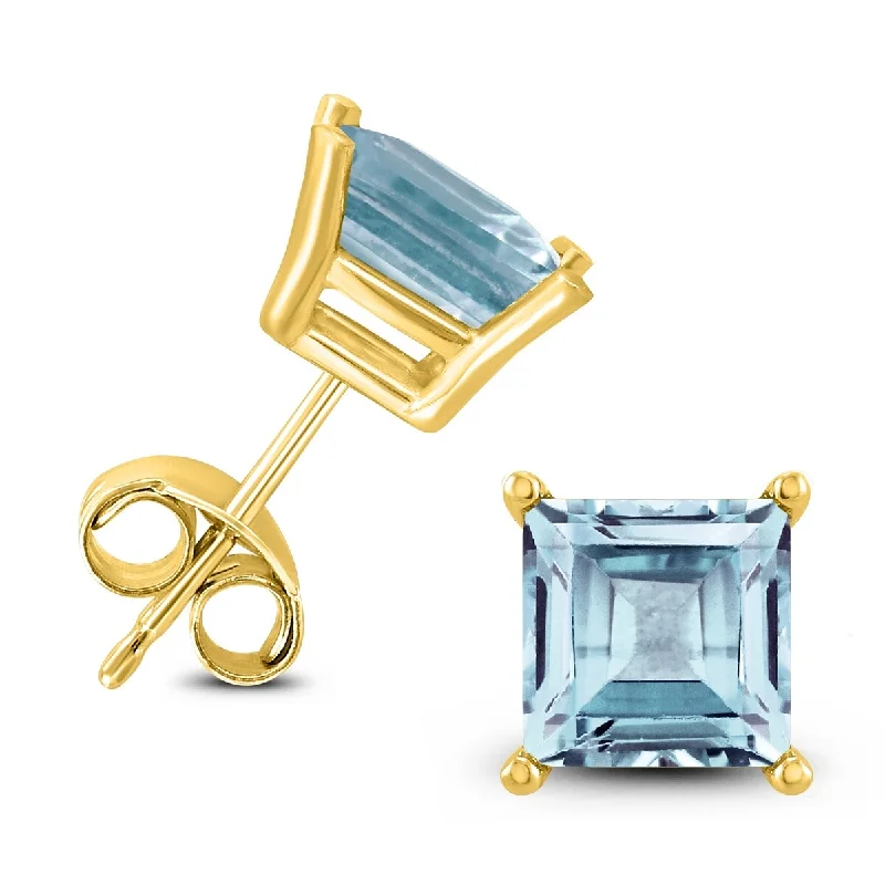 art deco aventurine earrings-Marquee 14K Yellow Gold 6MM Square Aquamarine Earrings