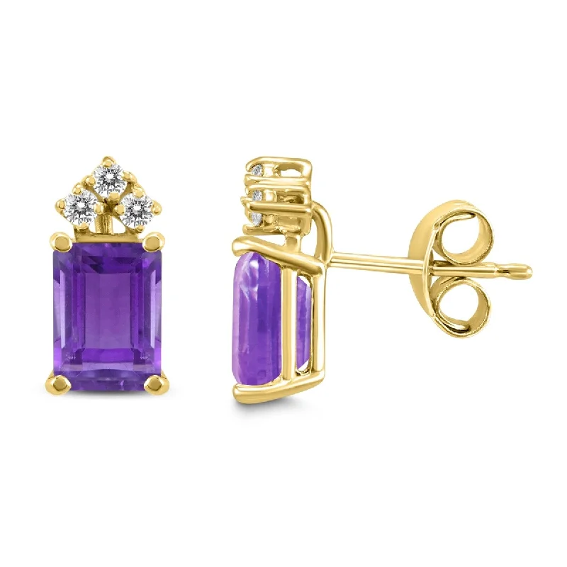 artisan-crafted gold earrings-Marquee 14K Yellow Gold 6x4MM Emerald Shaped Amethyst and Diamond Earrings