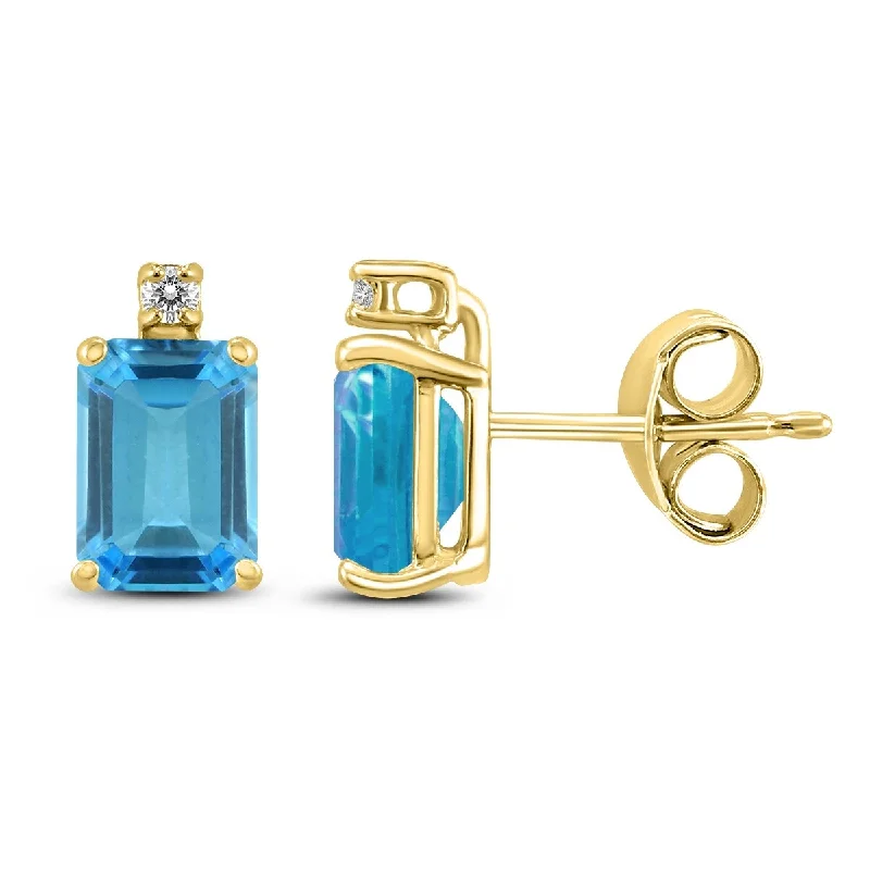 polished silver tier earrings-Marquee 14K Yellow Gold 6x4MM Emerald Shaped Blue Topaz and Diamond Earrings