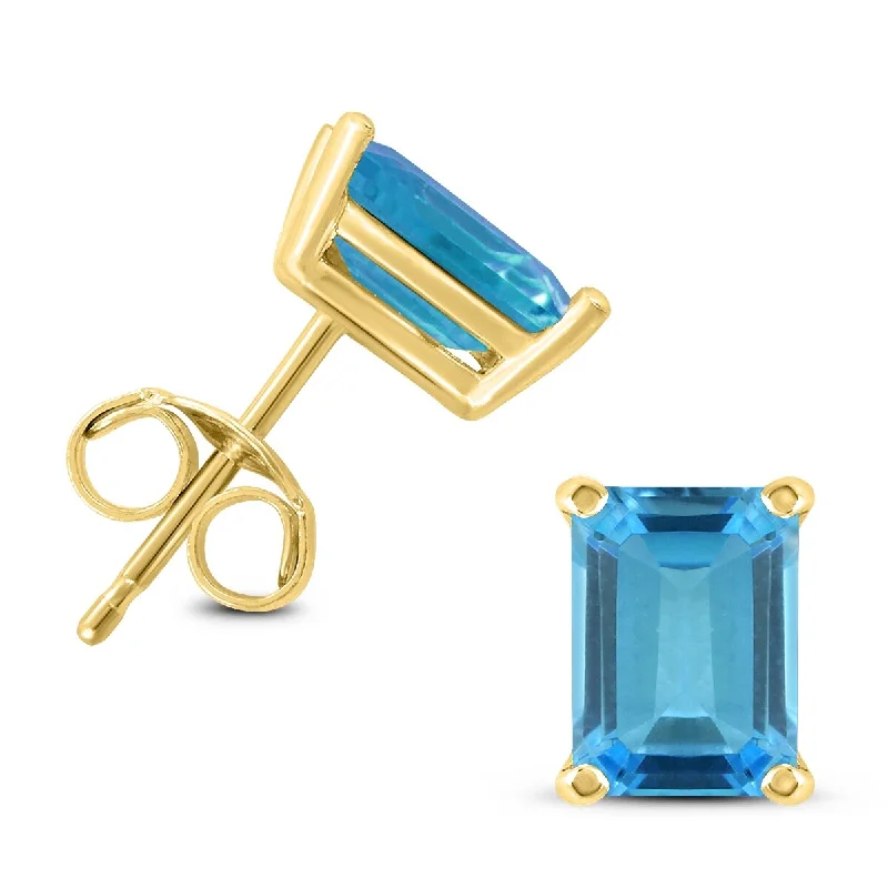 polished silver arc earrings-Marquee 14K Yellow Gold 6x4MM Emerald Shaped Blue Topaz Earrings