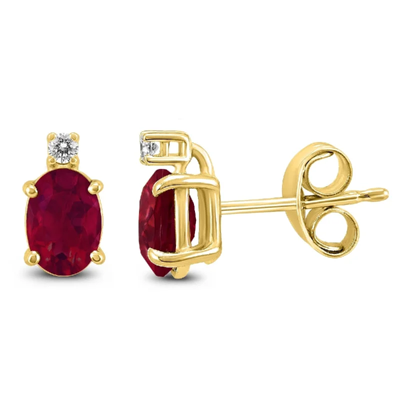 modern nebula diamond earrings-Marquee 14K Yellow Gold 6x4MM Oval Ruby and Diamond Earrings