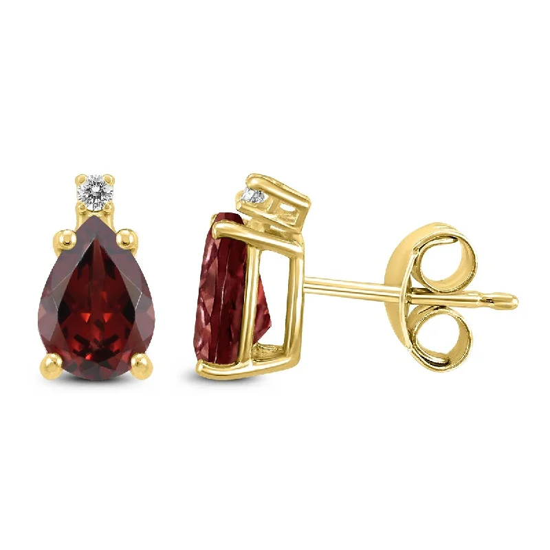 vintage-style carnelian earrings-Marquee 14K Yellow Gold 6x4MM Pear Garnet and Diamond Earrings