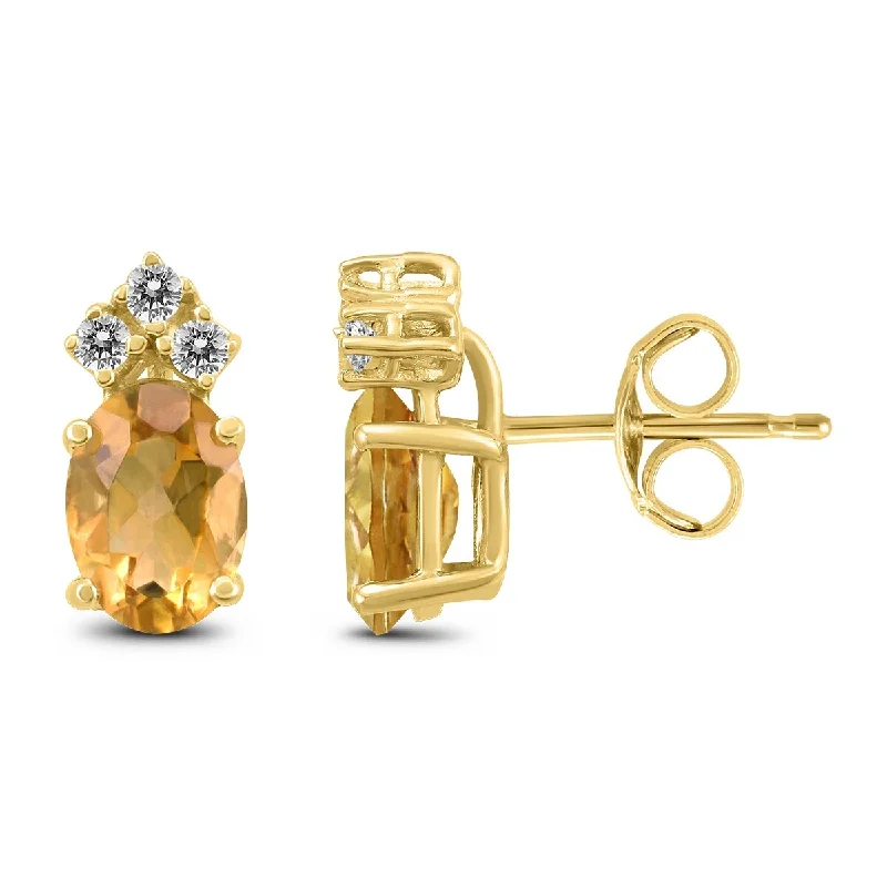 artisan-crafted rose earrings-Marquee 14K Yellow Gold 7x5MM Oval Citrine and Diamond Earrings