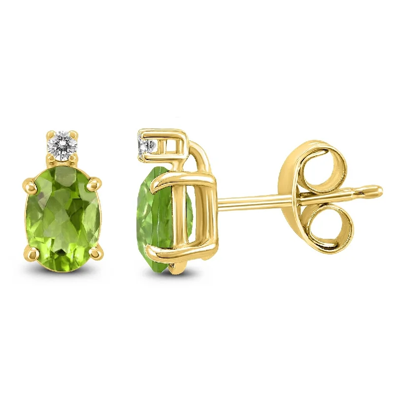 floral eternity sapphire earrings-Marquee 14K Yellow Gold 7x5MM Oval Peridot and Diamond Earrings