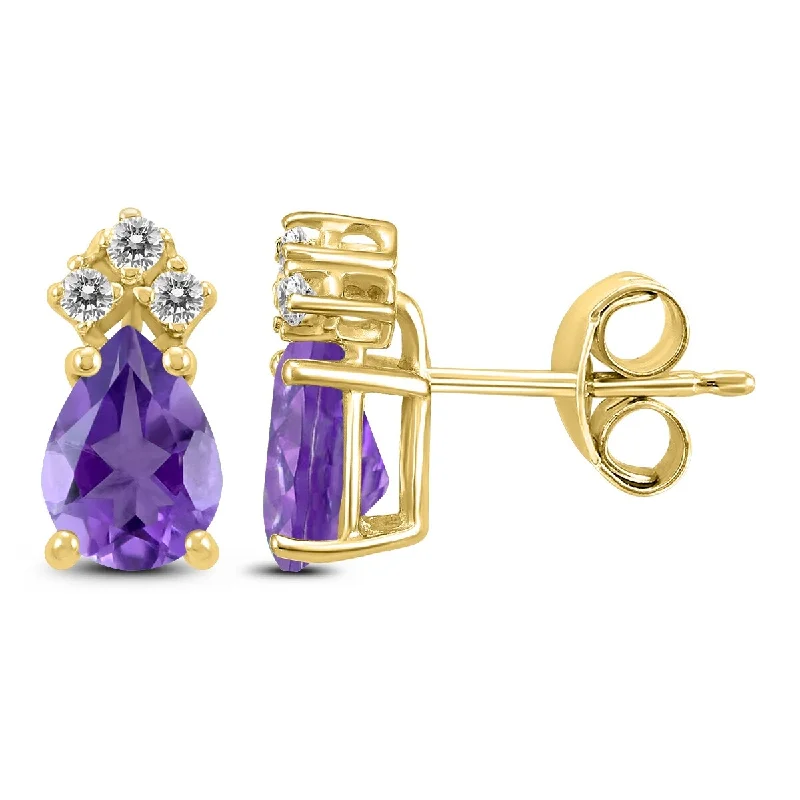 modern sleek summit crest earrings-Marquee 14K Yellow Gold 7x5MM Pear Amethyst and Diamond Earrings