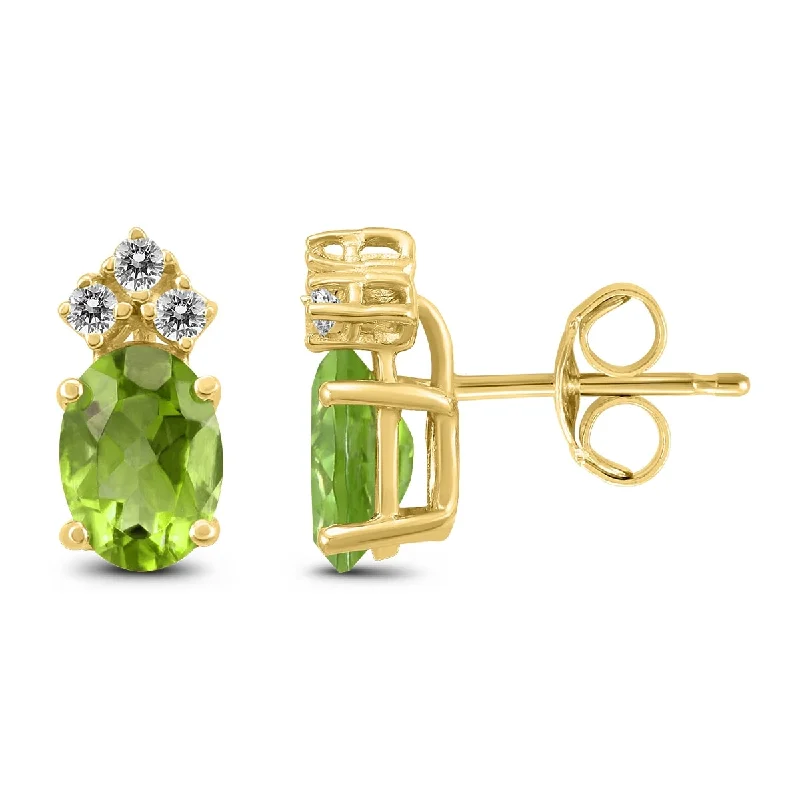 raw aventurine cluster earrings-Marquee 14K Yellow Gold 8x6MM Oval Peridot and Diamond Earrings