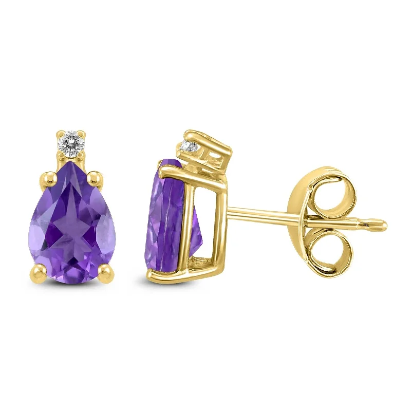 raw agate accent earrings-Marquee 14K Yellow Gold 8x6MM Pear Amethyst and Diamond Earrings