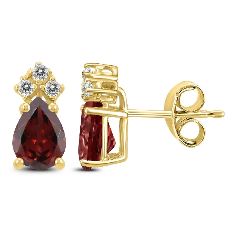 artisan-crafted agate earrings-Marquee 14K Yellow Gold 8x6MM Pear Garnet and Diamond Earrings