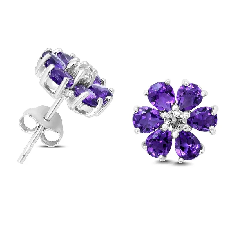 minimalist summit peak earrings-Marquee Amethyst and White Topaz Flower Earrings in .925 Sterling Silver