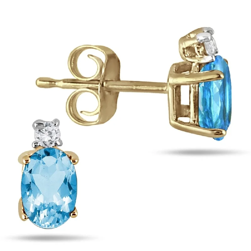 vintage-style carnelian earrings-Marquee Oval Blue Topaz Drop and Diamond Earrings in 14K Yellow Gold