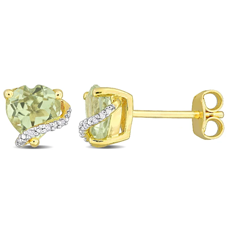 artisan-crafted silver earrings-Miadora 1 1/2ct TGW Green Quartz and Diamond Accent Heart Earrings Yellow Silver