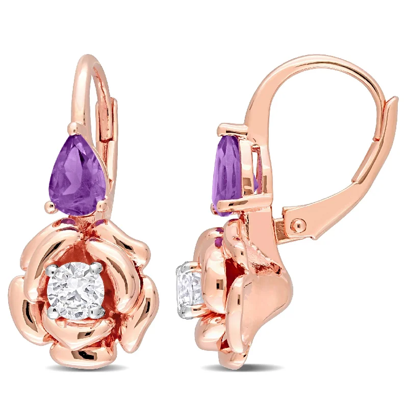 polished rose tier earrings-Miadora 1 1/3ct TGW African Amethyst and White Topaz Rose Leverback Earrings Rose Silver