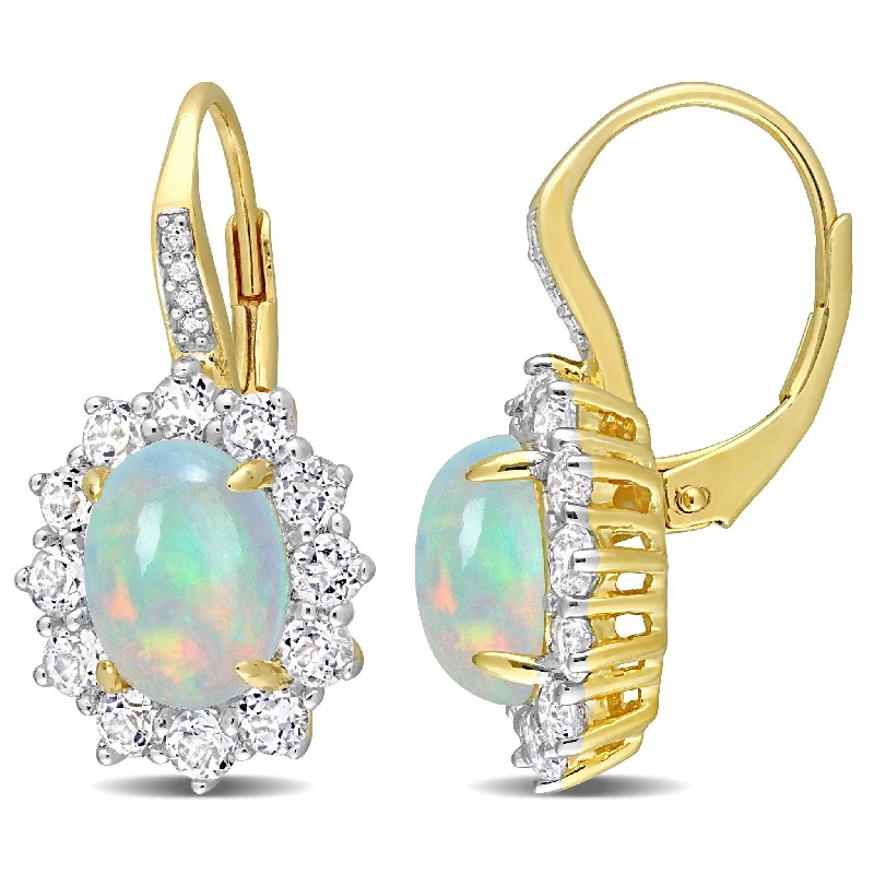 polished bronze hoop earrings-Miadora 1 3/4ct TGW Blue Ethiopian Opal and White Topaz Diamond Accent Earrings Yellow Silver