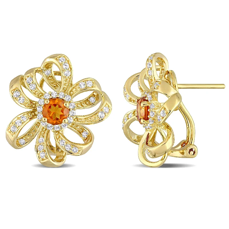 gothic-inspired eagle claw earrings-Miadora 1 3/5ct TGW Madeira Citrine and White Topaz Flower Earrings Yellow Silver