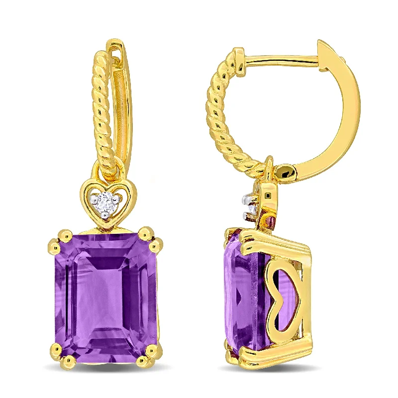 inscribed unity stud earrings-Miadora 6 1/2ct TGW Octagon-Cut Amethyst and White Topaz Heart Earrings Yellow Silver