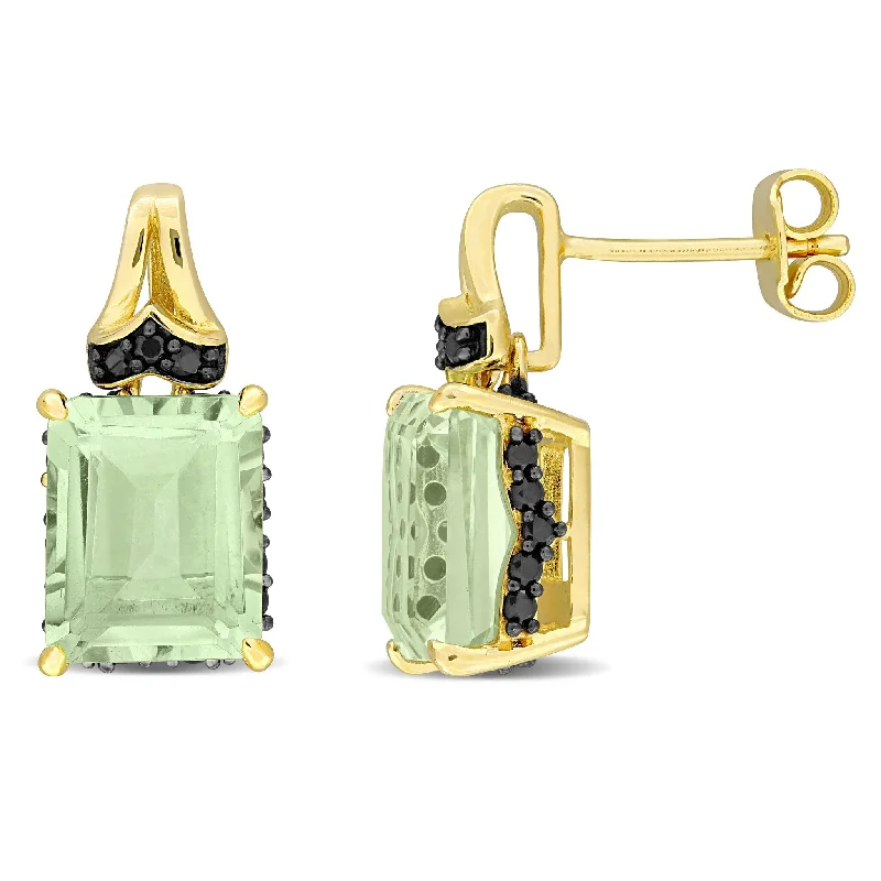 vintage-style malachite earrings-Miadora 6 7/8ct TGW Octagon-Cut Green Quartz and Black Sapphire Earrings Yellow Silver