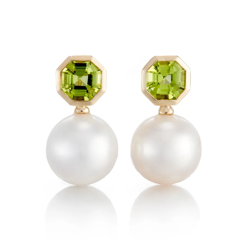 bold sapphire peak ridge earrings-Octagonal Peridot & Pearl Drop Earrings