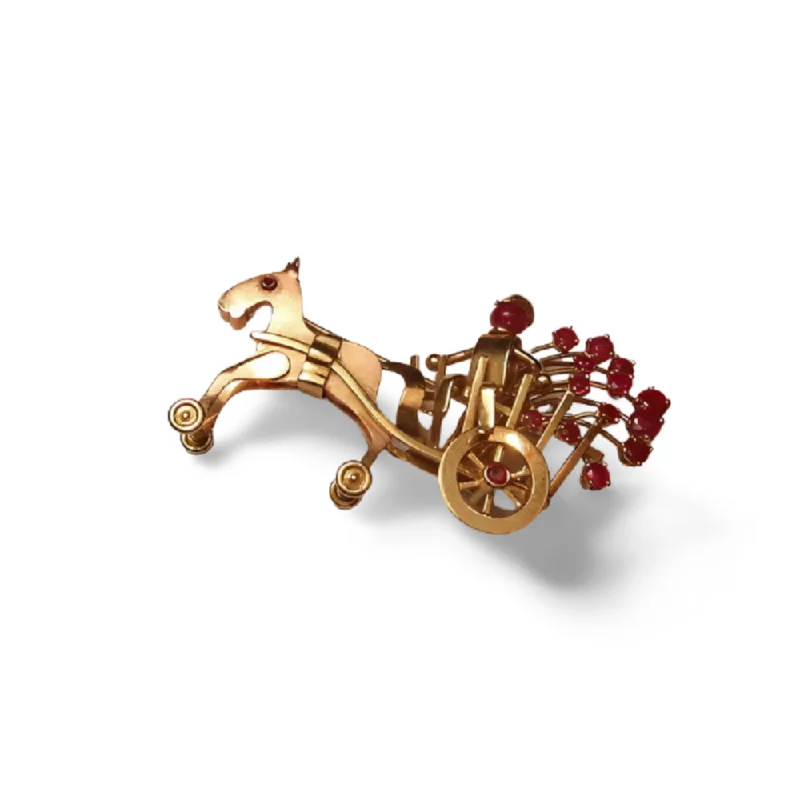 Antique Art Deco Movable 14K Pink Rose Gold Horse Pony Handmade Ruby Brooch