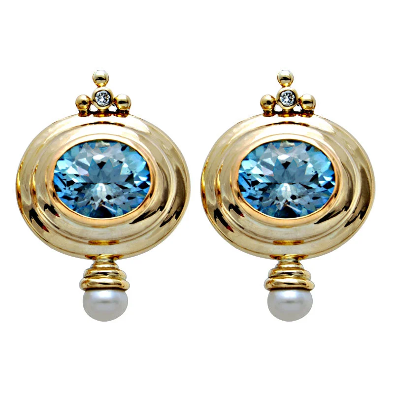 Earrings-Blue Topaz, Pearl and Diamond