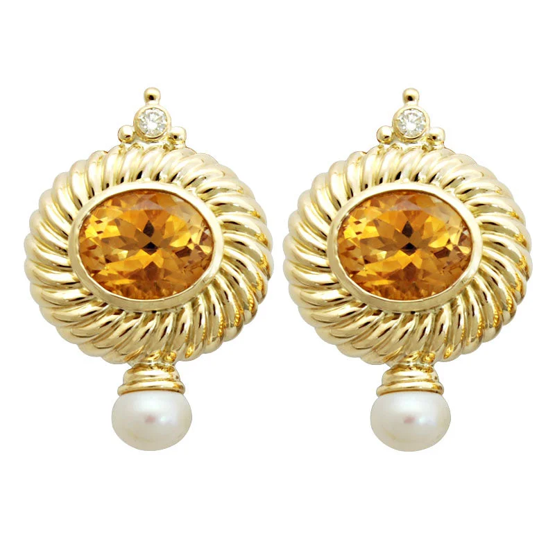 Earrings-Citrine, Pearl and Diamond