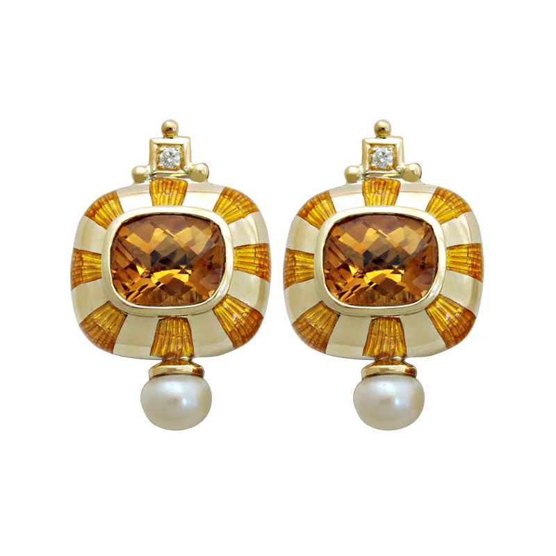 Earrings-Citrine, Pearl and Diamond (Enamel)