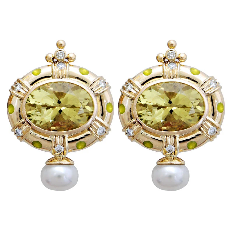 Earrings-Lemon Quartz, Pearl and Diamond (Enamel)