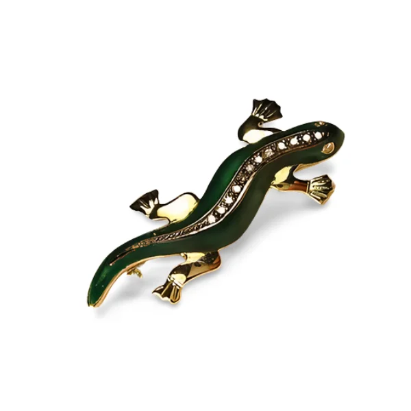 Gorgeous Antique 14K Black Gold Diamond Enamel Lizard Pendant Brooch Pin