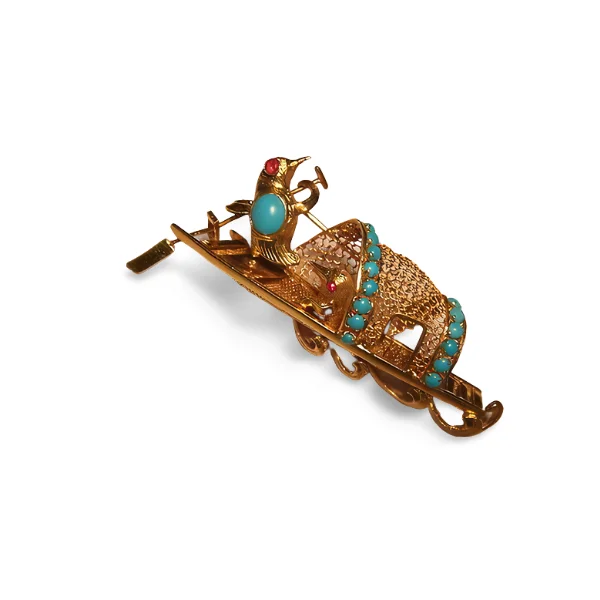 Gorgeous Designer 14K Yellow Gold Ruby Turquoise Lovebirds Boat Brooch Pin