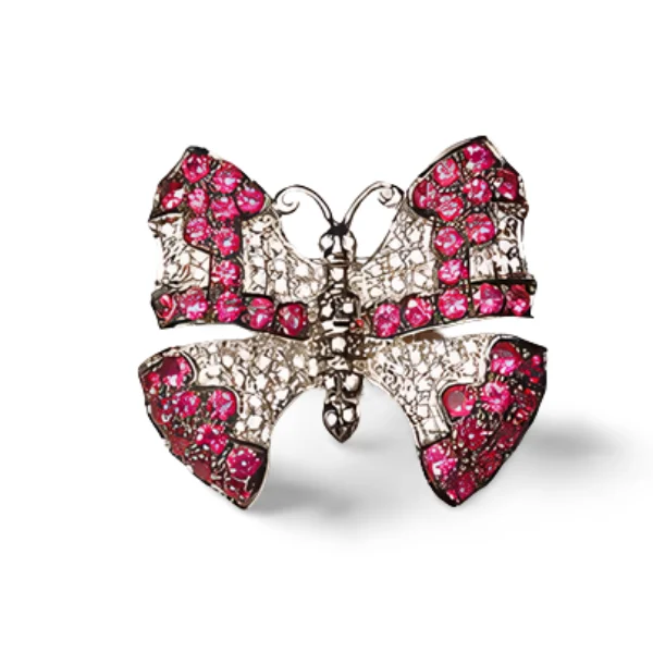 Gorgeous Estate 18K White Gold Ruby Pave Diamond Butterfly Brooch Pin