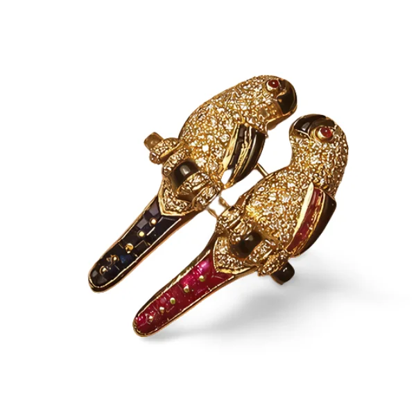 Magnificent 18K Gold Ruby Sapphire Onyx Diamond Parrots Lovebirds Brooch Pin