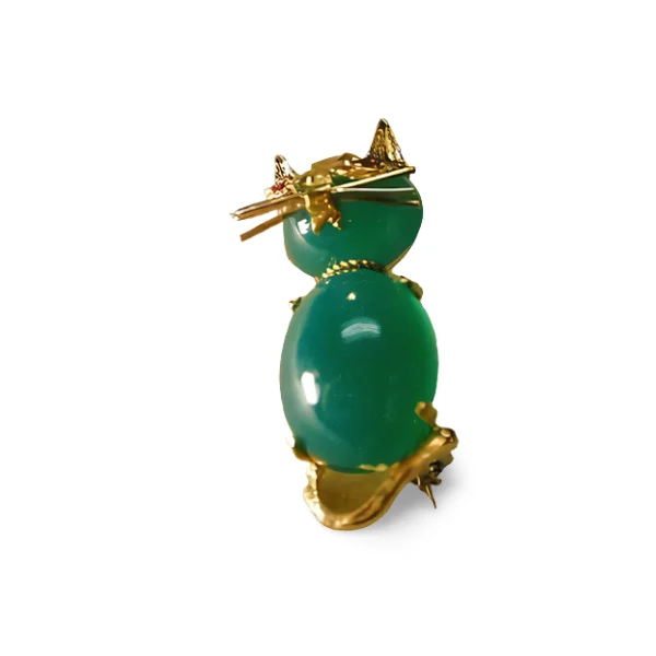 Magnificent Estate 14K Yellow Gold Green Aventurine Ruby Cat Brooch Pin