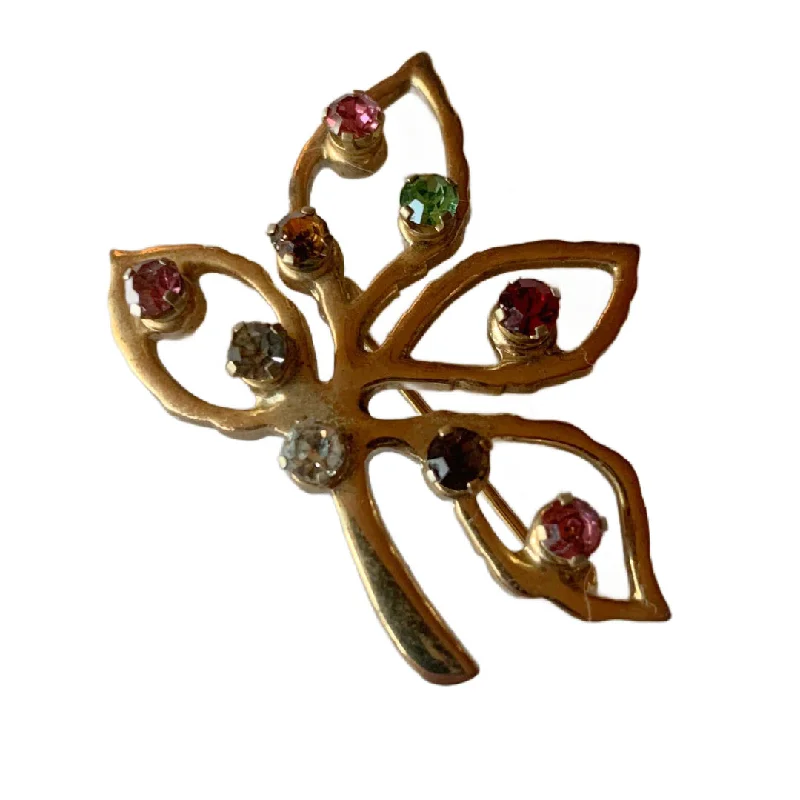 Multicolored Rhinestone Golden Leaf Brooch circa 1970s