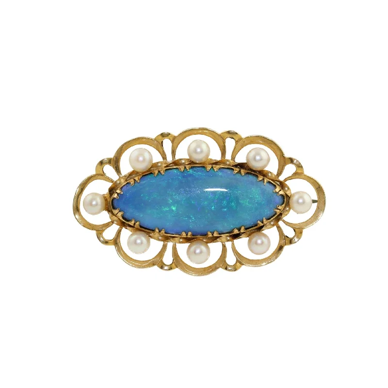 10k Gold Australian Blue Opal and Pearl Brooch